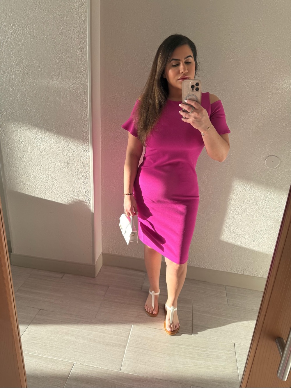 Calvin Klein Fuchsia Cold-Shoulder Midi Sheath Dress